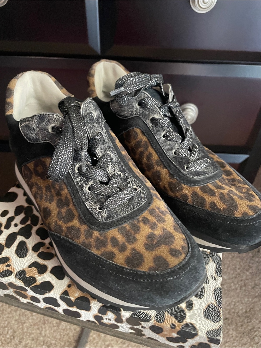 Veronica Beard Leopard Print Suede Lace-Up Sneakers - Black and Brown